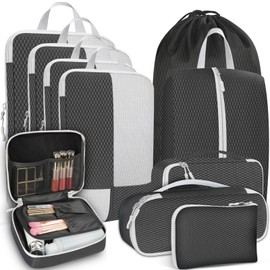 Avmvnvc Suitcase Organiser Set, 10-Piece Packing Cubes for Clothes, Packing Cube Set with Compression, Suitcase Organiser Set with Cosmetic Bag, Travel Organiser for Backpack and Suitcase, Black