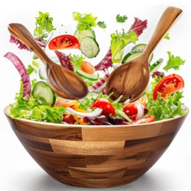 Tidita Acacia Wood Salad Bowl Set with Spoon, Fork - Large Salad Bowl with Serving Utensils - Big Mixing Bowl for Fruits, Salad, Pasta (12.2" Diameter x 4.75" Height) (Acacia color)