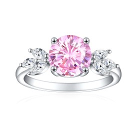 Cijisx 925 Sterling Silver Engagement Ring for Women Round Milgrain Cut Gemstone Birthstone Promise Ring for Her Pink Cubic Zirconia Ring Size 8