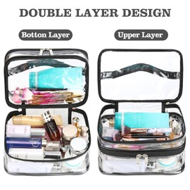 HAOGUAGUA Double Layer Clear Cosmetic Bag Makeup Bag, Waterproof Travel Toiletry Bag, Transparent PVC Pouch Organizer (Black-large)