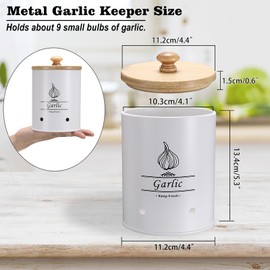 BSTKEY Garlic Keeper for Counter, Large Metal Garlic Container with Wooden Lid, Farmhouse Garlic Storage Holder for Kitchen, White Garlic Saver to Keep Your Garlic Cloves Fresh