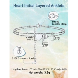 PROSTEEL Women Heart Anklet, P Letter Initial Ankle Bracelet, Adjustable Double-Layer Foot Chain for Beach Summer, Silver 316L Stainless Steel (with Gift Box)