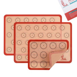 Silicone Macaron Baking Mat Half Sheet - Set of 3 (2 Half Sheet and 1 Quarter Sheet), Non Stick Silicon Oven Liner For Macaroons and Cookies, By Folksy Super Kitchen (16.5x11.6, Red)