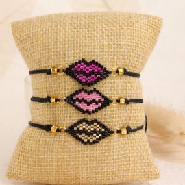 BXDA Lip Beaded Friendship Bracelets Stack Set for Women, 3pcs Boho Stackable Pink Gold Kiss Mouth Black Beads Rope Bracelet Summer Beach Fashion Jewelry Gift