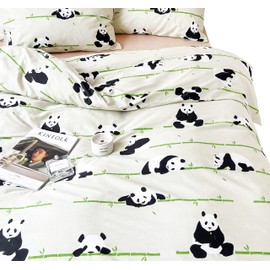 MEJU CutePanda Playing Bamboo Cartoon Duvet Cover Set 100% Cotton Bedding Set Reversible 3pcs Comforter Cover Set for Kids Boys Girls Teens Bed Decoration Gift Full Queen 90" X 90"