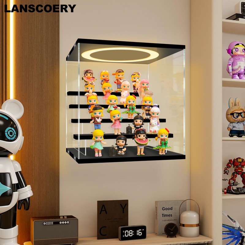 LANSCOERY Acrylic Display Case, Wall Mounted Lighted, 5 Tier, Black