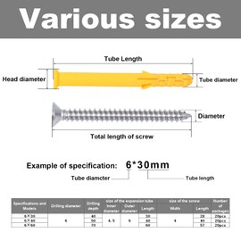 FamlTol Drywall Anchors Kit 60 pcs 304 Stainless Steel Philips Flat Head Screws and 60 pcs Plastic Anchors for Concrete, Drywall, Brick, and Heavy Hanging Mounting, 3 Size M6 x 30mm/ 40mm/ 60mm