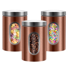 QYQRQF Canisters Sets for the Kitchen, 3pcs Sugar Flour Tea Coffee Storage Jars Stainless Steel Food Container Organizer for Kitchen Counter with Transparent Window (bronzy)