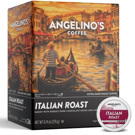 Angelino's Coffee Italian Roast Coffee Pods, 24 Count – Extra Dark Roast Single Serve K Cup Compatible for Keurig – Smoky, Bold & Rich with Dark Chocolate Notes and Caramelized Finish