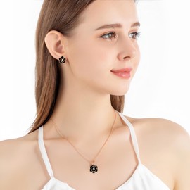 EVEVIC Dainty Flower Pendant Necklace Earrings for Women 14K Gold Plated Hypoallergenic Jewelry Sets (Black/Rose Gold-tone)