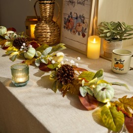 DecorbyHannah Fall Garland with Lights for Front Door, 6 ft Artificial Autumn Garland with Green Pumpkin Pinecone Berries Leaves for Mantle Table Fireplace Wall Outdoor Harvest Thanksgiving Decor