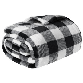 PAVILIA Black and White Buffalo Plaid Fleece Bed Blanket Queen Size, Soft Checkered Flannel Blanket for Sofa, Plaid Christmas Couch Throw Bed, Warm Cozy Decorative Blanket Fall Decor Gift, 90x90