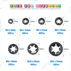 Glarks 280Pcs Internal Tooth Starlock Push On Locking Washers Speed Clips Fasteners Assortment Kit