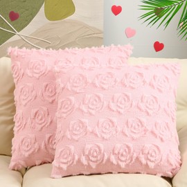 Mixweer 2 Sets Valentines Day Throw Pillows Covers 18 x 18 Inch Cute Rose Faux Fur Pillow Cover Decorative Plush Embroidery Cushion Covers for Couch Sofa Home Bedroom Livingroom (Pink)