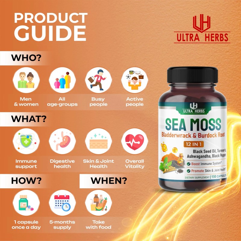 Ultra Herbs Sea Moss Supplement 150 Count 12900mg 12in1 Health