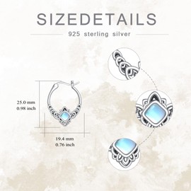 Vintage Square Cut Moonstone Hoop Earrings 925 Sterling Silver June Moonstone Boho Style Hoop Earrings for Women Gifts
