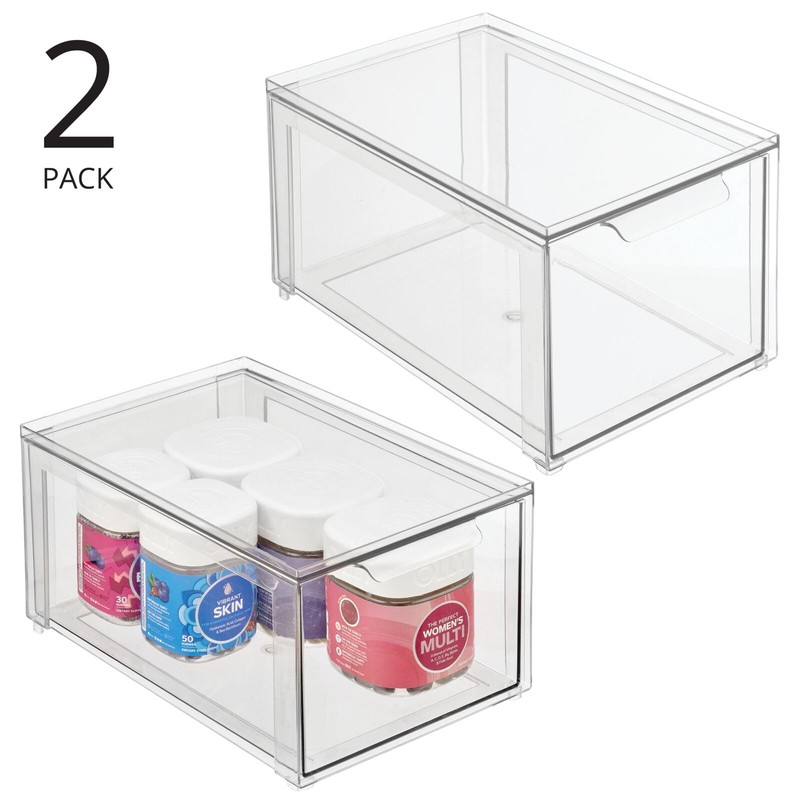 mDesign Plastic Stackable Bathroom Storage with Pull Out Bin Organizer