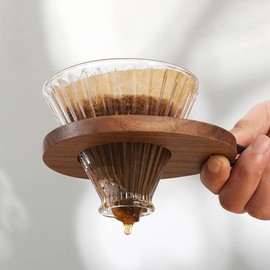 AXUYU Pour Over Coffee Dripper V60 Glass Coffee Funnel Filter Reusable Cone Brewer with Black Walnut Wood Base Brewing Coffee Dripper Accessory for Coffee Pot Coffee Maker