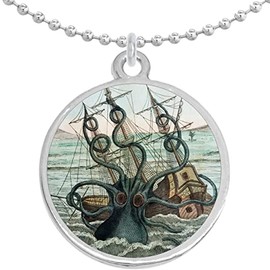 Kraken Octopus Ship Round Pendant Necklace
