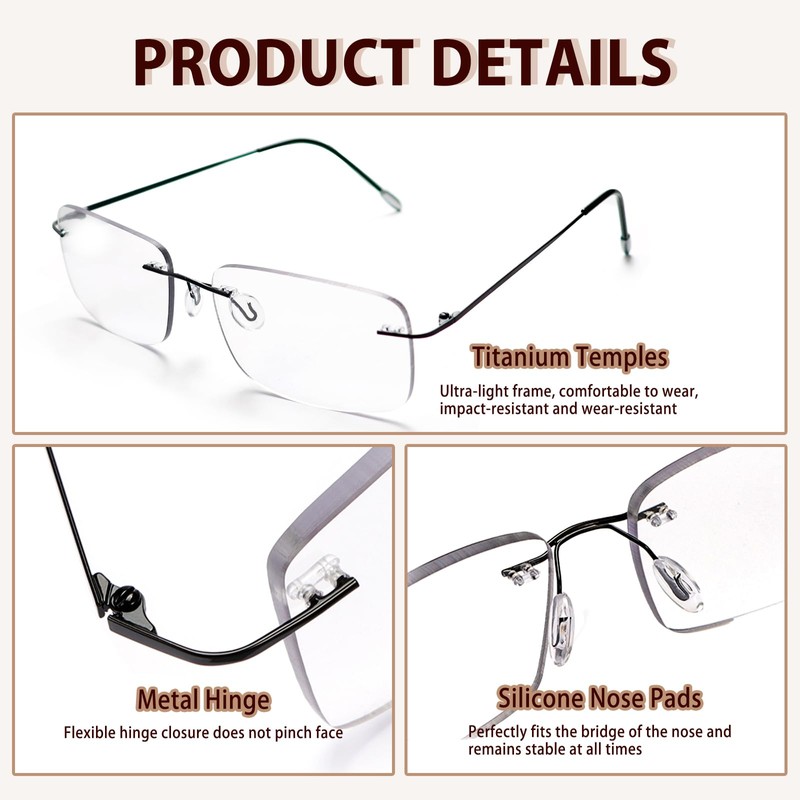 Myfeasy Photochromic Bifocal Reading Glasses Titanium Frameless Men's Reading Glasses