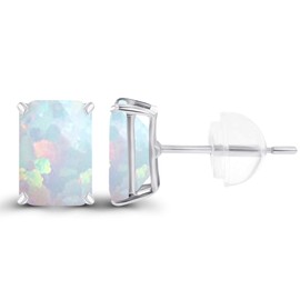 Genuine 925 Sterling Silver 7x5mm Emerald Cut Created Opal October Birthstone Genuine Stud Earrings For Women