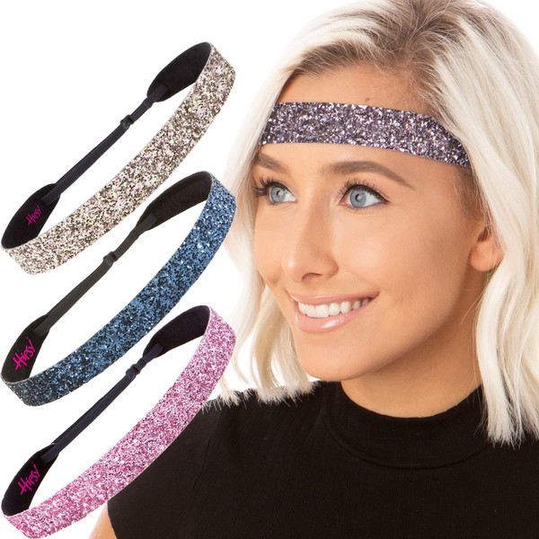 Hipsy Adjustable No Slip Wide Bling Glitter Headband 4-packs for Women Girls & Teens (Light Pink/Navy/Rose Gold/Gunmetal)
