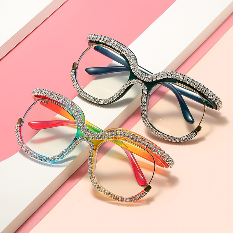 LJCZKA Oversized Blue Light Blocking Glasses Women Rhinestone Anti Blue