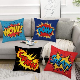 Doitely Set of 4 Super Hero Quote Throw Pillow Covers 16 x 16 Inch, Art Comic Wow Pow Crash Splat Exclamation Pattern Decorative Cushion Case for Couch Living Room