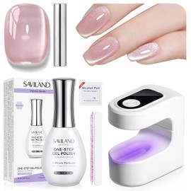 SAVILAND One-Step Gel Nail Polish Kit: Lilac Haze 5-In-1 Cat Eye Gel Polish with U V LED Nail Lamp Magnet, Color & Base & Top In One Bottle Glassy Cateye Effect For Home DIY Art 15ML Gift