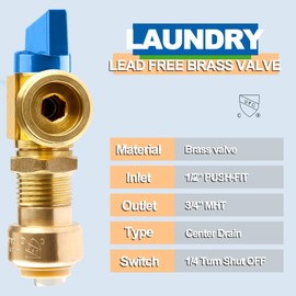 AquaNeurk Washing Machine OutLet Box With Brass Valve, 1/2 Inch Push-Fit Inlet x 3/4 Inch MHT Outlet, Push-to-Connect Center Drain Laudry Box