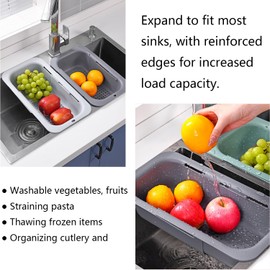 Extendable Over the Sink Colander Strainer Basket SpaceSaving Plastic Kitchen Drainer for Washing Vegetables Fruits Draining Pasta Dish Rack NonSlip Design Hanging New Home Kitchen Essentials Gray