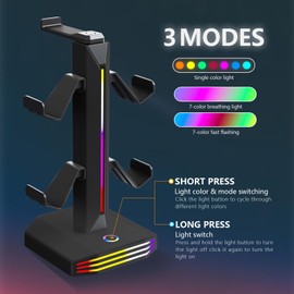 Meiboshin RGB Headphone Stand for Desk - Controller Stand & Gaming Headset Holder with USB & Type-C Ports, Rotatable Earphone Stand & Detachable Controller Holder for Gaming Accessories Storage(Black)