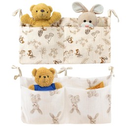 Kaslaider Pack of 2 Baby Bed Organiser Hanging, Crib Pocket Organiser with Cotton Fabric, 2 Compartments, Multifunctional Room Decorator for Changing Bags, Crib, Side Bed, Toy