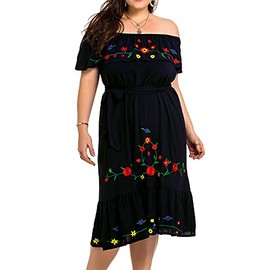 851 - Plus Size Embroidered Off Shoulder Mexican Floral Summer Sun Dress (4X, Black)