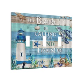 Vintage Sea Turtle Lighthouse on Blue Wood Board 3 Gang Light Switch Covers Plate Decorative Triple Toggle Wall Plate 3 Hole Electrical Device Switchplate Faceplate for Farmhouse Bathroom Decor