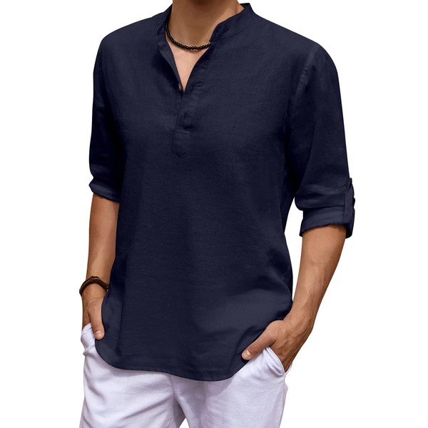 Sailwind Camisa de lino para hombre, estilo casual Henley, camisas de playa para hombre, Azul marino, Medium