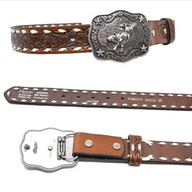 Nocona Boots Boys' 1-1/4" Bull Rider Floral Embossed Leather Western Belt Buckle, Tan, 18