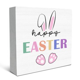 SRADMO Happy Easter Sign, Cute Bunny's Ear Easter Wood Box Sign Desk Decor, Easter Bunny Decorations, Easter Theme Wooden Block Box Sign Decoration for Home Office Shelf Table Decor