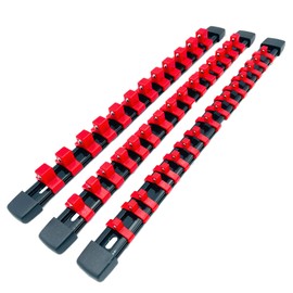 JIYOSE 3Pcs ABS Socket Organizer Tray Set Portable Socket Holder 1/2 Inch, 3/8 Inch, 1/4 Inch Drive Socket Rail Heavy Duty Socket Racks with Red Clips for Toolbox Drawer Wall Storage（Red-3Pcs）