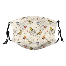 Watercolor Birds Print Face Mask Adult Washable Reusable Pleated Anti Dust Mask 5-Layer Protection Fashion Adjustable Cloth Mouth Masks with 2 Filter for Women Men Unisex Decorative, 1 Pcs