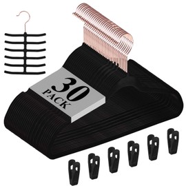 VECELO Premium Velvet Clothes Hangers Suit Heavy Duty (30 Pack)-Non Slip & Space-Saving with 6 Finger Clips & Tie Rack Excellent for Men and Women，Black