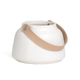 Torre & Tagus Lido Matte White Cylinder Vase with Handle in Faux Leather - 3.5" Tall Flower Vase for Centerpiece, Ceramic Round Vase for Home Decor or Wedding Table Decor (White Vase 5" Dx3.5 H)