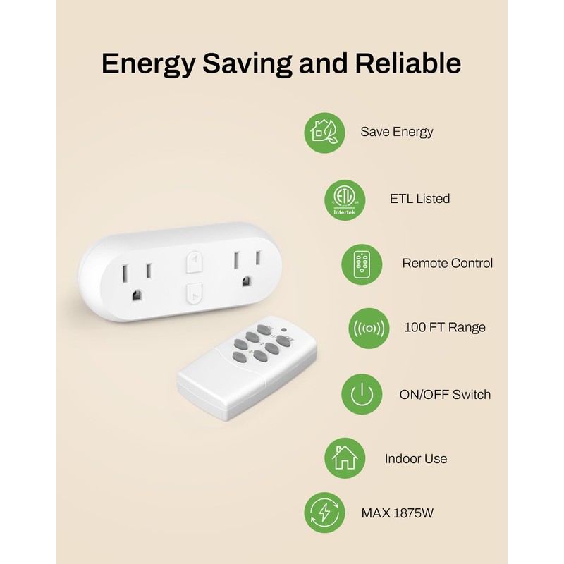 HBN Wireless Remote Control Outlet with 2 Individual Switch Control,