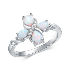Shroova 925 Silver Flowers White Opal Ring with Four Leaf Clover-Statement-rings Opal Jewelry Gifts for Women Her(Size5)