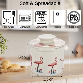Cute Pink Flamingos Butter Crock for Counter - French Style Ceramic Butter Keeper and Butter Dish with Lid, Butter Holder for Countertop Storage, Airtight Container for Soft, Spreadable Butter