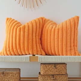 JOJUSIS Pack of 2 Faux Fur Plush Decorative Throw Pillow Covers Couch Cushion Case Soft Pillowcases (Orange, 24 x 24-Inch)