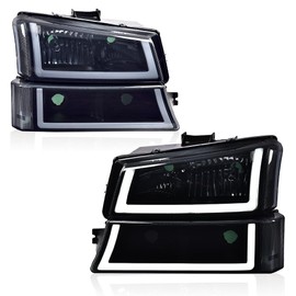 LQI LED DRL Headlight Assembly Compatible with Chevy Silverado 1500 2500 3500 HD Models 2003-2006,Fit Chevy Avalanche 1500 2500 2003-2006 Smoky lens Black Housing Clear Reflector