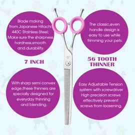 Recubay Dog Grooming Scissors, 7.0" Shears with Matte Deluxe Color, 56 Tooth thinning Shears