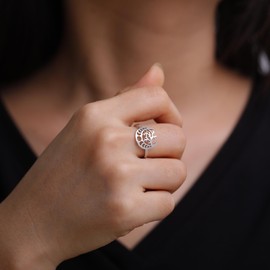 Dreamtimes Crescent Moon Ring for Women Girls Adjustable Stainless Steel Open Finger Yggdrasil World Tree of Life Rings Viking Jewelry (Silver)