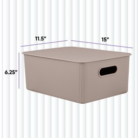 Superio Decorative Plastic Lidded Home Storage Bins Organizer Baskets, Large Taupe (2 Pack - 15 Liter) Stackable Container Box, for Organizing Closet Shelves Drawer Shelf - Ribbed Collection
